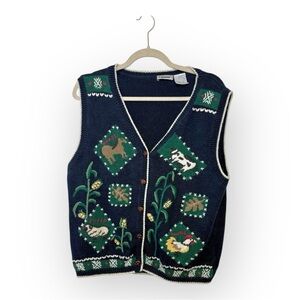 Capacity Vintage Farm Animal Knit Sweater Vest Cottagecore Horse Cow Sheep Large